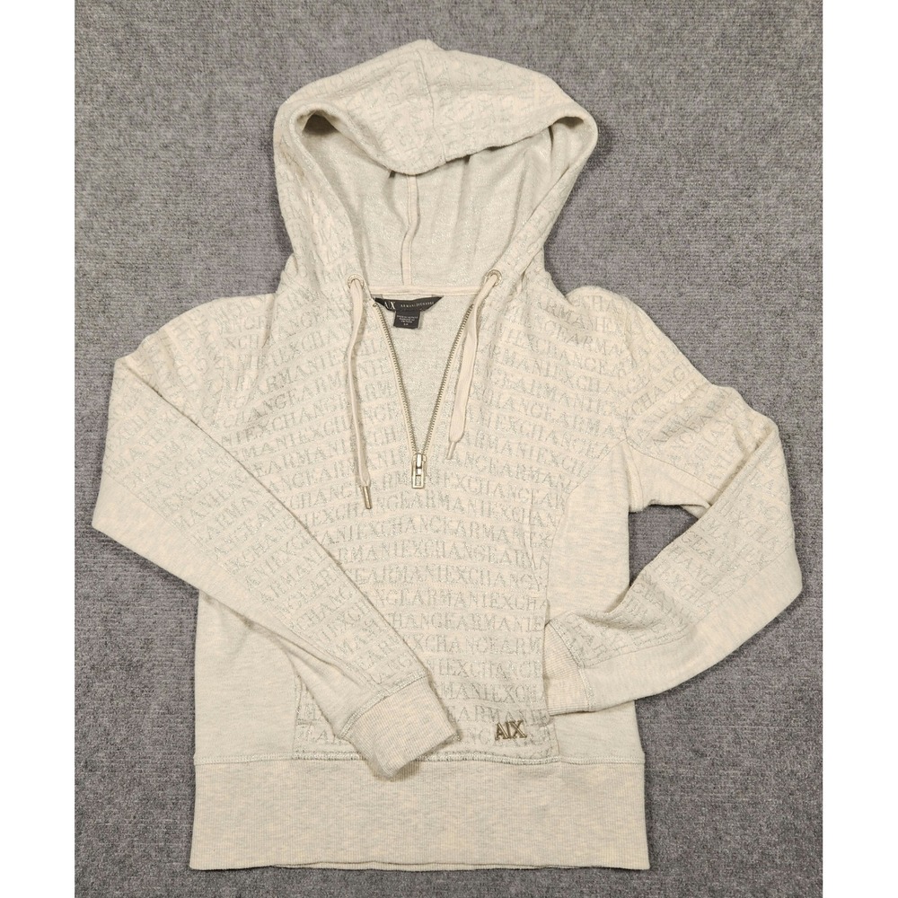 Armani Exchange Hoodie Womens S Cream Glitter Logo Half Zip Pullover EXCELLENT
